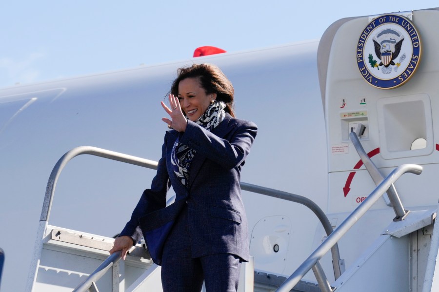 Democratic presidential nominee Vice President Kamala Harris, arrives at Trenton-Mercer Airport, in Mercer County, New Jersey, Wednesday, Oct. 16, 2024, en route to a campaign rally in Pennsylvania. (AP Photo/Jacquelyn Martin)