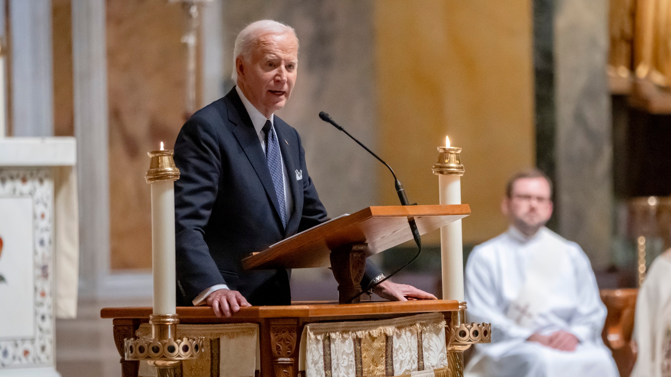 President Joe Biden speaks at a memorial service for Ethel Kennedy, the wife of Sen. Robert F. Kennedy, who died Oct. 10, 2024 at age 96, at the Cathedral of St. Matthew the Apostle in Washington, Wednesday, Oct. 16, 2024. (AP Photo/Ben Curtis)