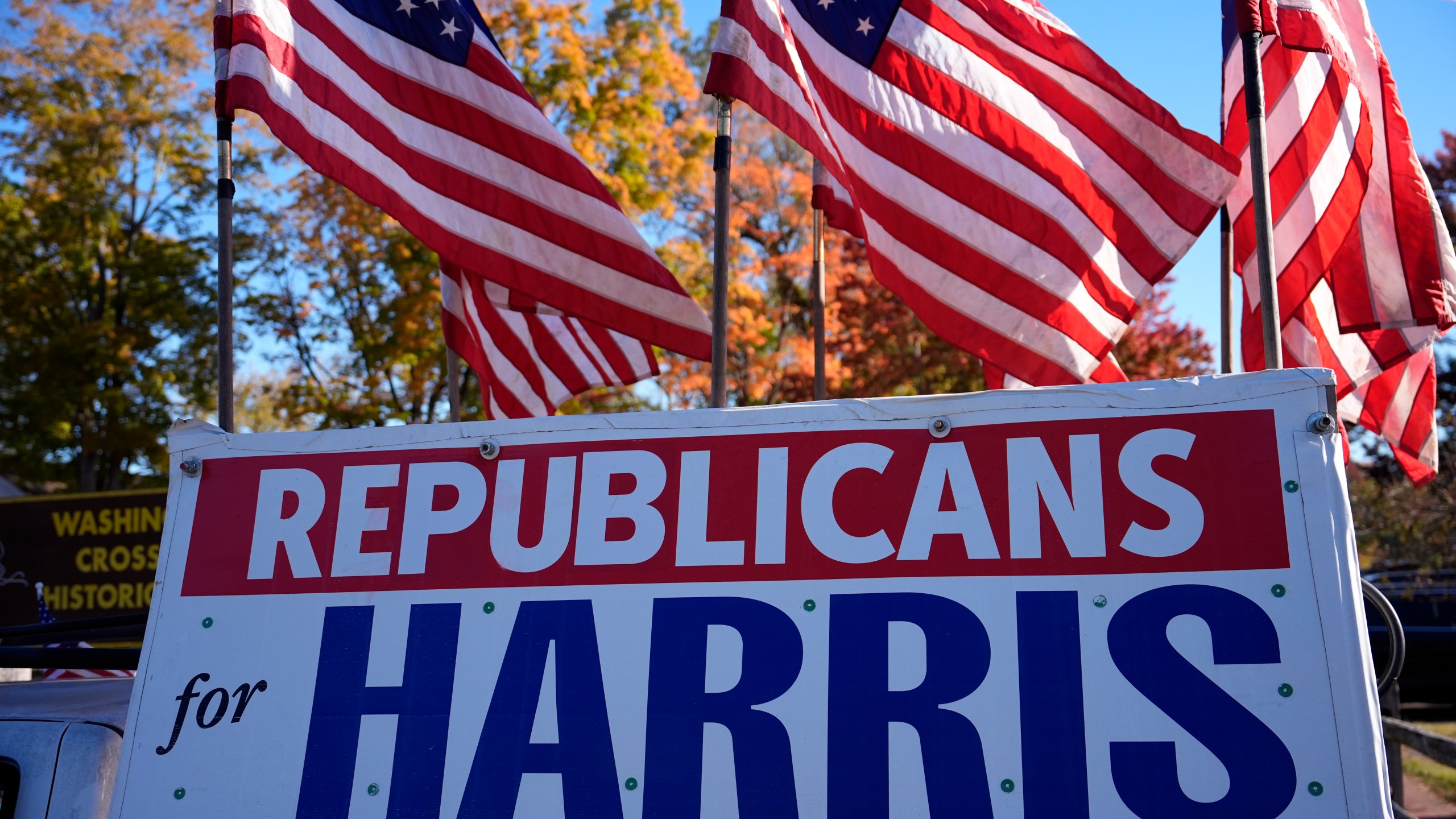 A 'Republicans for Harris" sign is seen before Democratic presidential nominee Vice President Kamala Harris speaks at a campaign event at Washington Crossing Historic Park, Wednesday, Oct. 16, 2024, in Washington Crossing, Pa. (AP Photo/Matt Slocum)