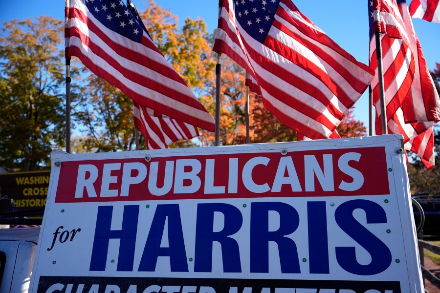 A 'Republicans for Harris" sign is seen before Democratic presidential nominee Vice President Kamala Harris speaks at a campaign event at Washington Crossing Historic Park, Wednesday, Oct. 16, 2024, in Washington Crossing, Pa. (AP Photo/Matt Slocum)