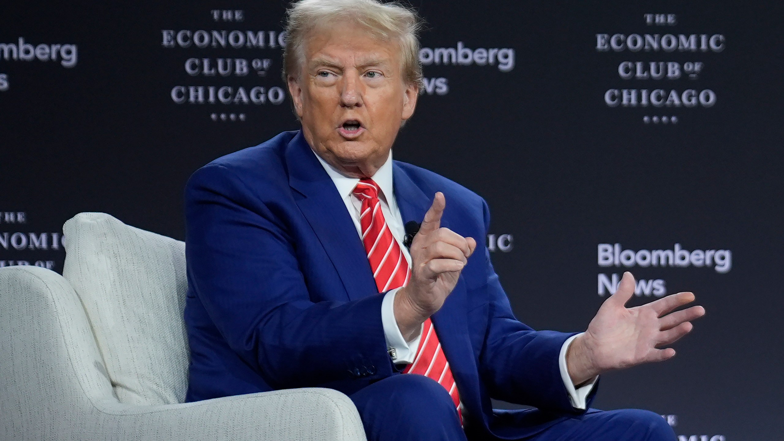 Republican presidential nominee former President Donald Trump speaks during an interview with Bloomberg News Editor-in-Chief John Micklethwait during an event with the Economic Club of Chicago, Tuesday, Oct. 15, 2024, in Chicago. (AP Photo/Evan Vucci)