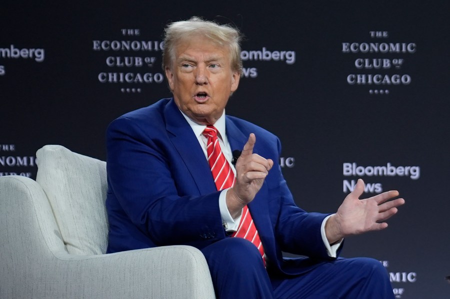 Republican presidential nominee former President Donald Trump speaks during an interview with Bloomberg News Editor-in-Chief John Micklethwait during an event with the Economic Club of Chicago, Tuesday, Oct. 15, 2024, in Chicago. (AP Photo/Evan Vucci)