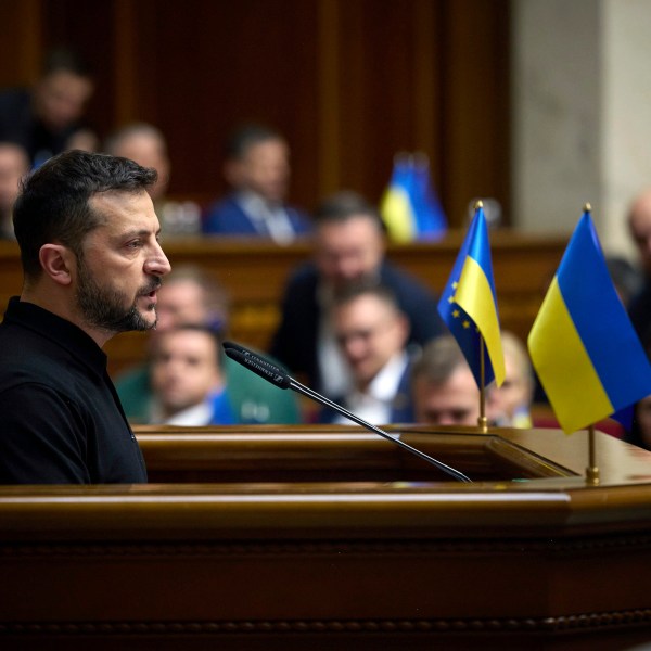 In this photo provided by the Press Service Of The President Of Ukraine on Oct. 16, 2024, Ukraine's President Volodymyr Zelenskyy speaks to parliamentarians at Verkhovna Rada in Kyiv, Ukraine. (Press Service Of The President Of Ukraine via AP)