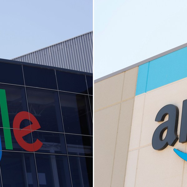 The Google logo, left, is displayed at the company's headquarters in Mountain View, Calif., on July 19, 2016, and the Amazon logo is displayed on the exterior wall of the Amazon OXR1 fulfillment center in Oxnard, Calif., on Aug. 21, 2024. (AP Photo)