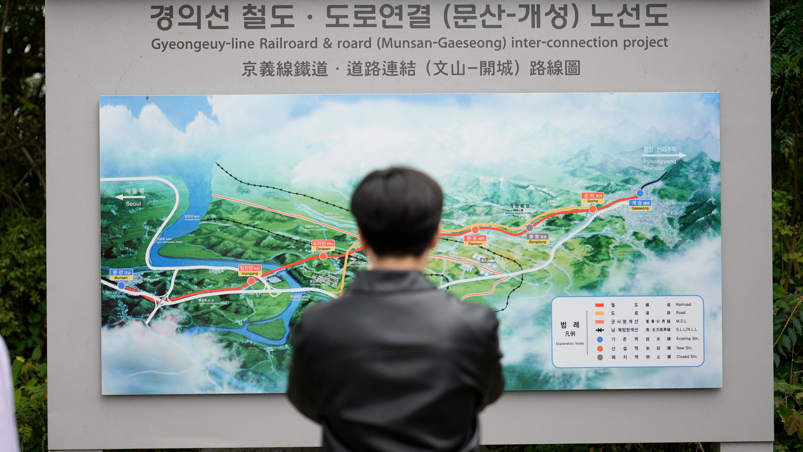 A visitor looks at a map of railroad and road between two Koreas cities, South's Munsan and North's Kaesong, at the Imjingak Pavilion in Paju, South Korea, Tuesday, Oct. 15, 2024. (AP Photo/Lee Jin-man)