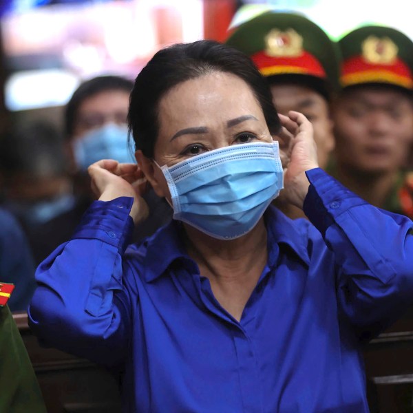 Vietnamese real estate tycoon Truong My Lan sits in court to wait for her verdict on fraud, money laundering and illegal cross-border money transferring in Ho Chi Minh city, Vietnam Thursday, Oct. 17, 2024. (Quynh Tran/VnExpress via AP)