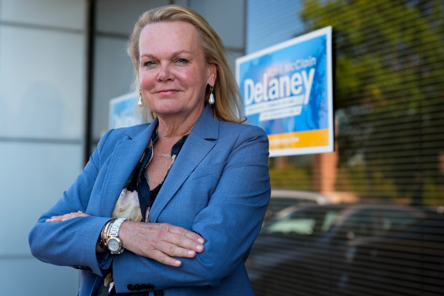 April McClain-Delaney, Democratic candidate for Maryland's Sixth Congressional District, poses for a portrait, Thursday, Oct. 10, 2024, in Gaithersburg, Md. (AP Photo/Stephanie Scarbrough)