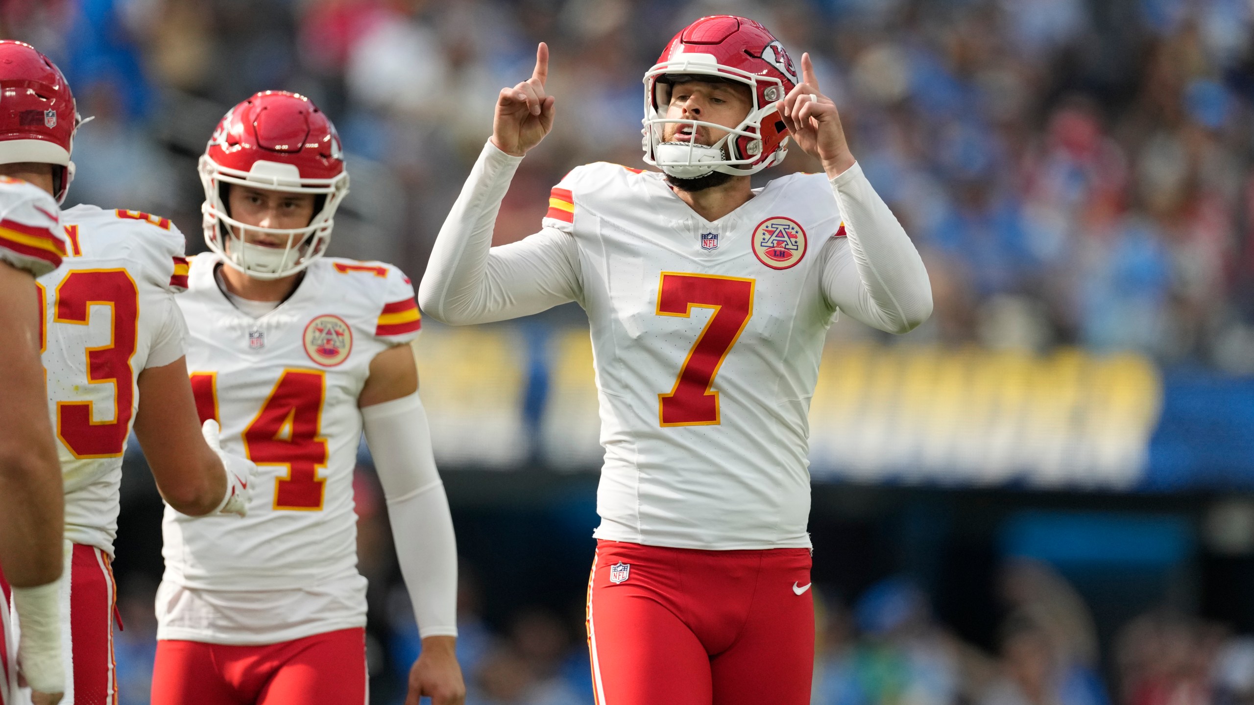 Kansas City Chiefs kicker Harrison Butker (7) celebrates after making a field goal during the second half of an NFL football game against the Los Angeles Chargers Sunday, Sept. 29, 2024, in Inglewood, Calif. (AP Photo/Ashley Landis)