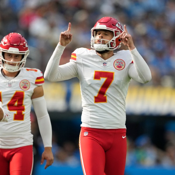 Kansas City Chiefs kicker Harrison Butker (7) celebrates after making a field goal during the second half of an NFL football game against the Los Angeles Chargers Sunday, Sept. 29, 2024, in Inglewood, Calif. (AP Photo/Ashley Landis)