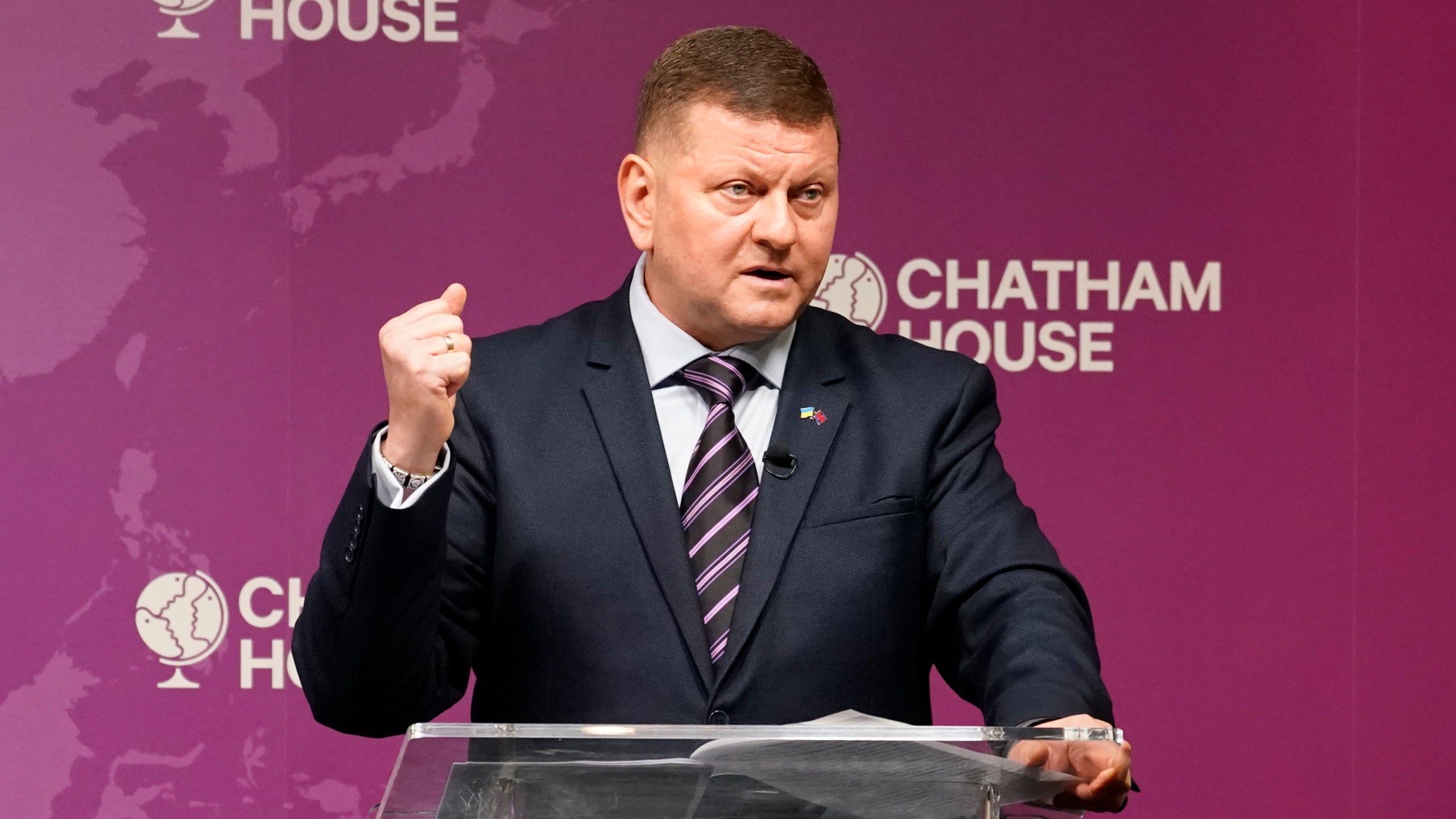 Ukraine Ambassador to UK, Valerii Zaluzhnyi, speaks at a Chatham House event in London, Thursday, Oct. 17, 2024. (AP Photo/Alberto Pezzali)