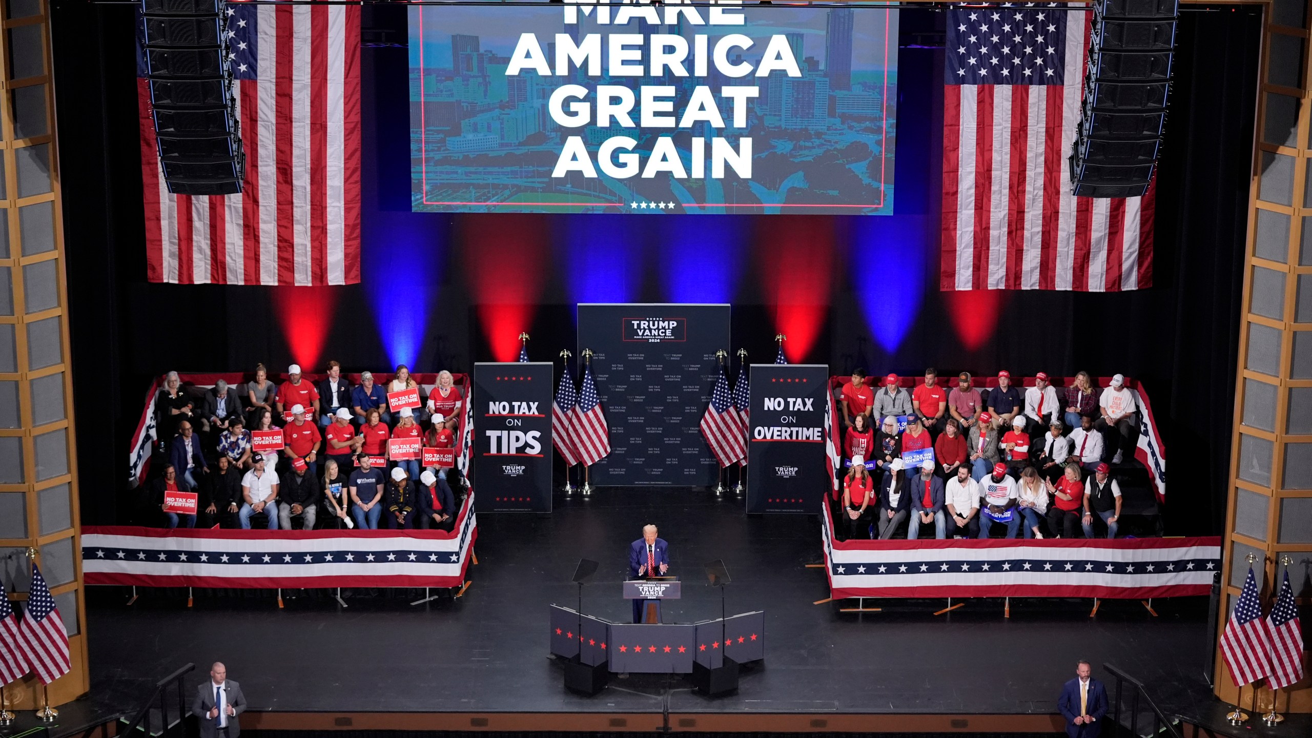 Republican presidential nominee former President Donald Trump speaks at a campaign event at the Cobb Energy Performing Arts Centre, Tuesday, Oct. 15, 2024, in Atlanta. (AP Photo/Alex Brandon)