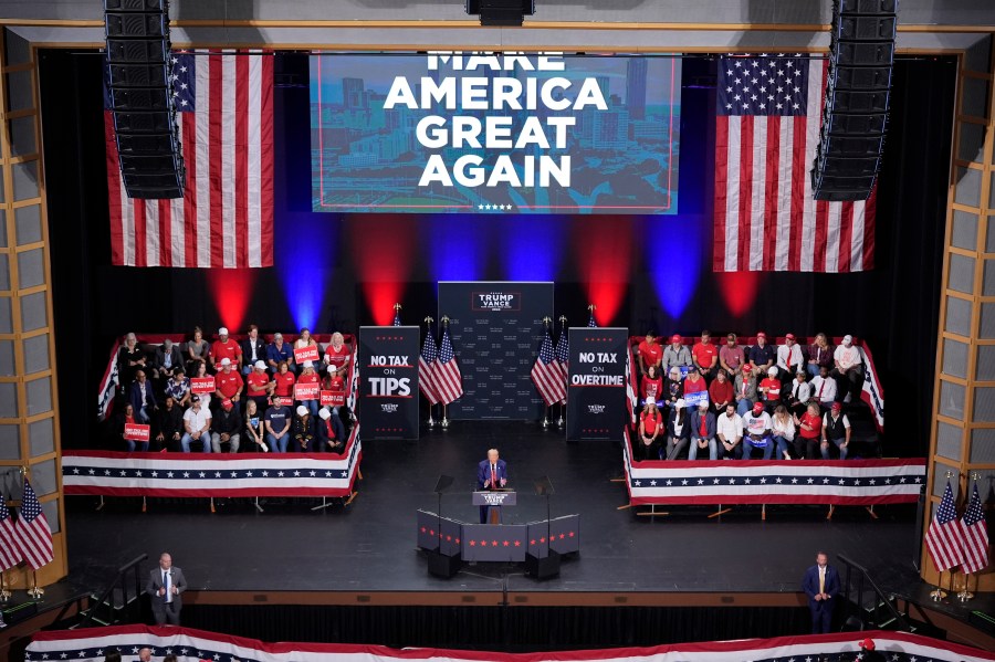 Republican presidential nominee former President Donald Trump speaks at a campaign event at the Cobb Energy Performing Arts Centre, Tuesday, Oct. 15, 2024, in Atlanta. (AP Photo/Alex Brandon)