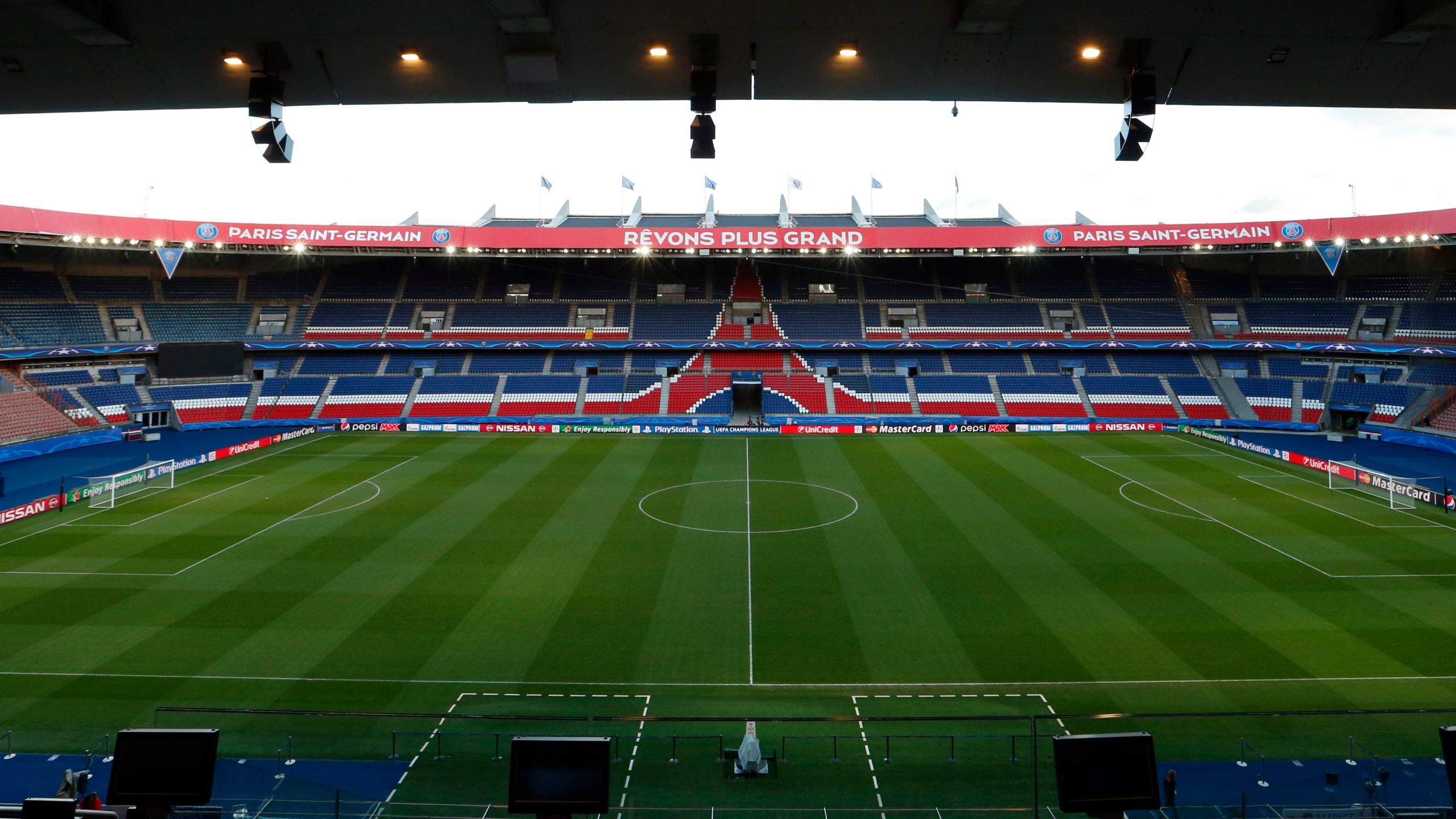 FILE - General View of the Parc des Princes stadium in Paris, France, Monday, Feb. 15, 2016. The Parc des Princes stadium, with 48,000 seats, will be one of the venues of UEFA Euro 2016 soccer tournament which starts on June 10, 2016. (AP Photo/Francois Mori, File)