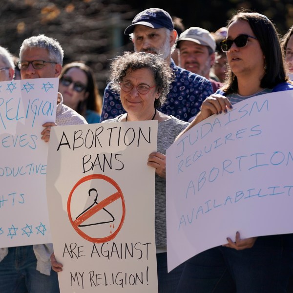 FILE - Rabbis and supporters from around the country gather for a rally, one day after the midterm elections, to show their support for protecting abortion rights Wednesday, Nov. 9, 2022, in Clayton, Mo. (AP Photo/Jeff Roberson, File)