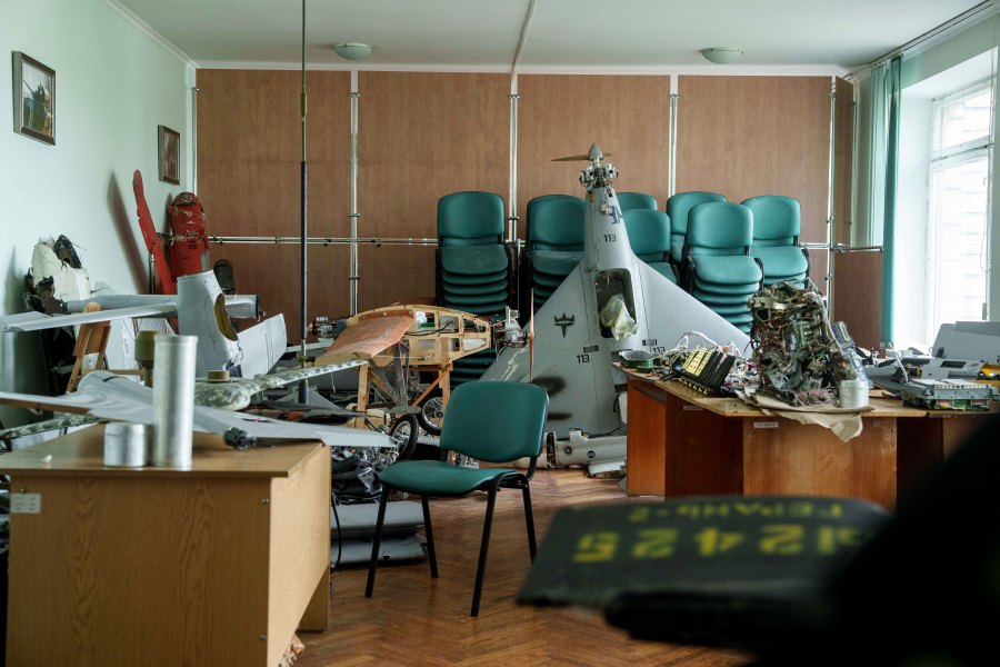 Parts of downed Shahed drones launched by Russia are piled in a storage room of a research laboratory in Kyiv, Ukraine, on Aug. 28, 2024. (AP Photo/Evgeniy Maloletka)