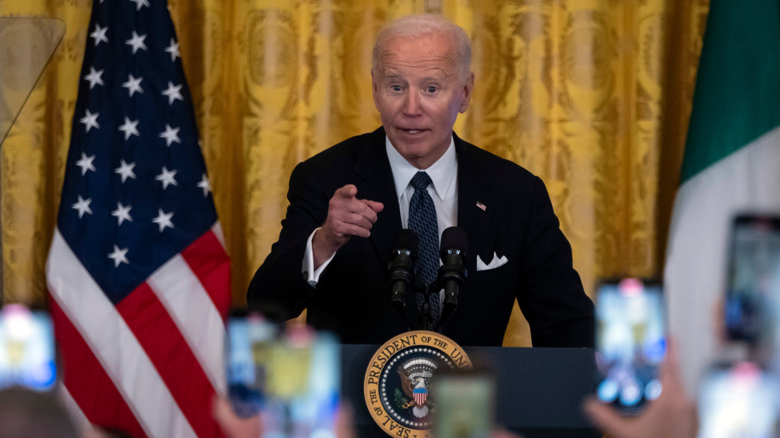 President Joe Biden speaks at a reception marking Italian-American Heritage Month, in the East Room of the White House in Washington, Wednesday, Oct. 16, 2024. (AP Photo/Ben Curtis)