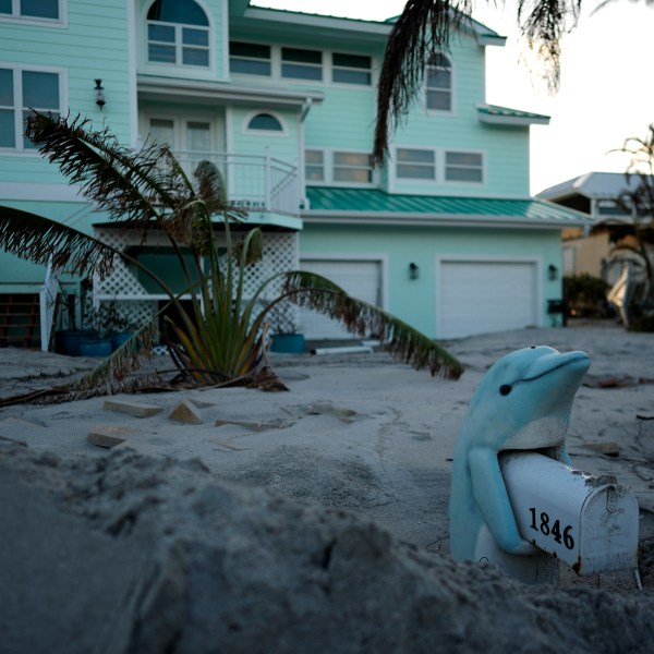 A porpoise mailbox stand is partially buried in feet of sand on Manasota Key, Fla., following Hurricane Milton, Saturday, Oct. 12, 2024. (AP Photo/Rebecca Blackwell)