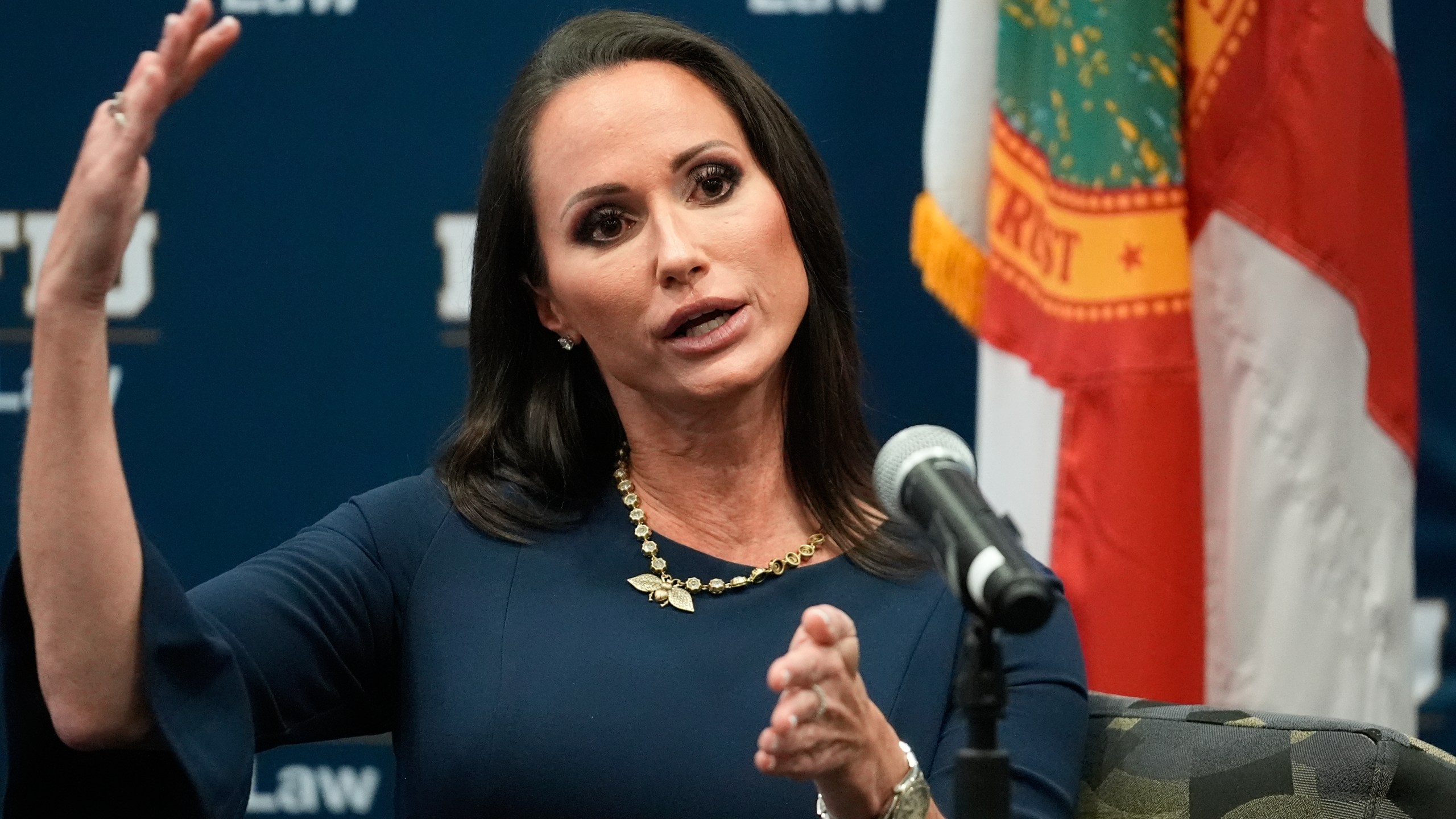 Former circuit judge Elizabeth Scherer speaks, Thursday, Oct. 17, 2024, in Miami, to Florida International University law students about overseeing the trial of the shooter who murdered 17 at Parkland, Fla.'s, Marjory Stoneman Douglas High School in 2018. (AP Photo/Rebecca Blackwell)