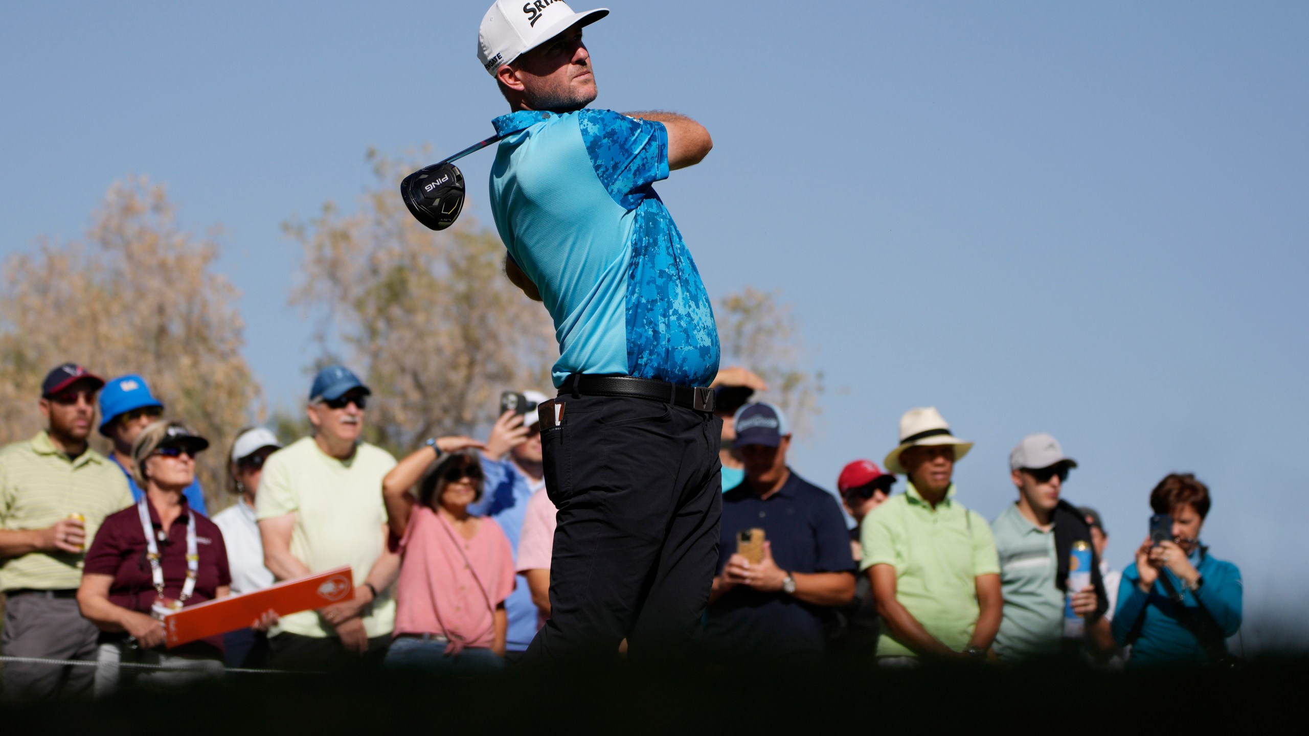 Taylor Pendrith hits from the fourth tee during the first round of Shriners Children's Open golf tournament Thursday, Oct. 17, 2024, in Las Vegas. (AP Photo/John Locher)