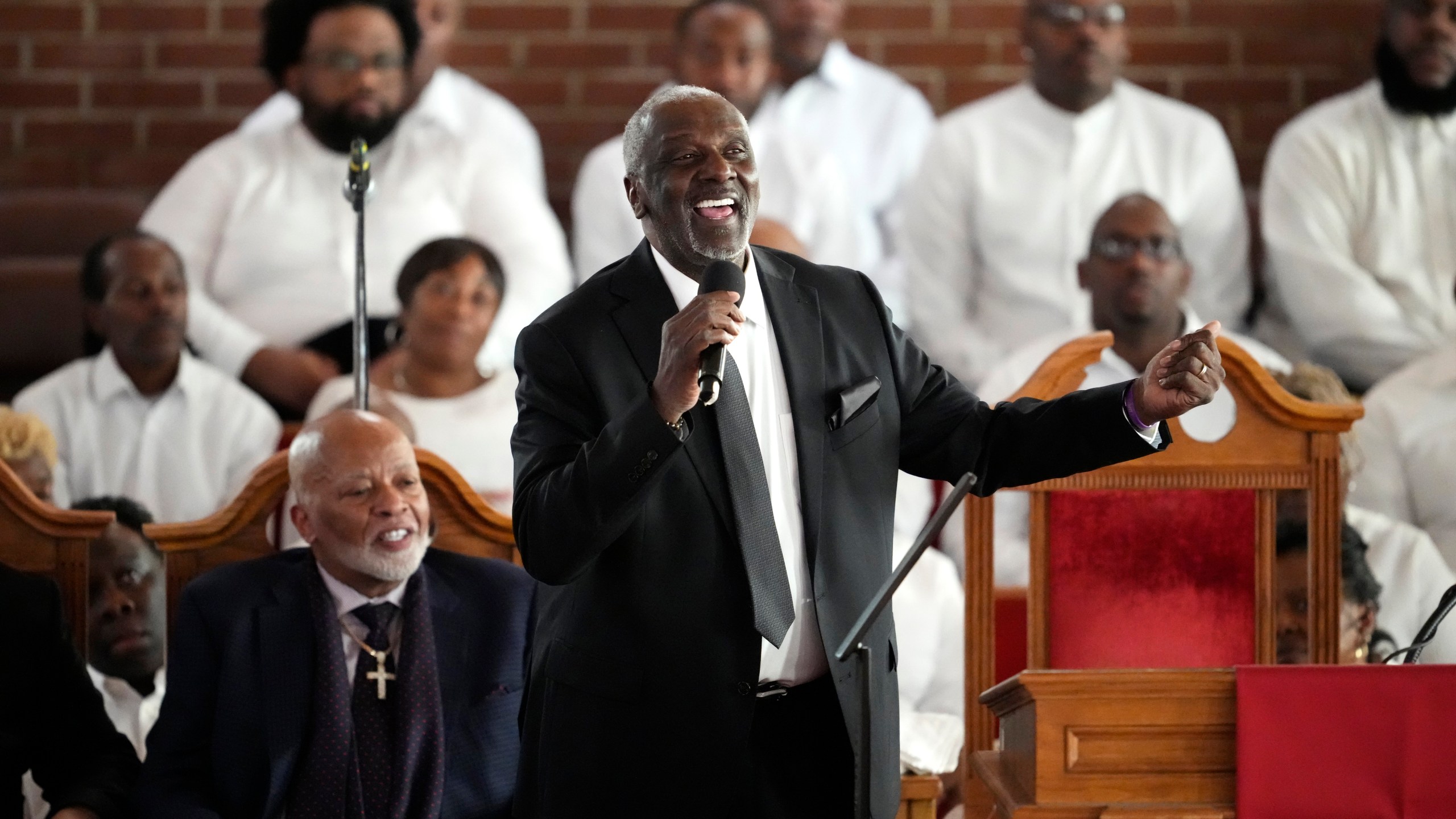 Gary Houston speaks during a ceremony celebrating the life of Cissy Houston on Thursday, Oct. 17, 2024, at the New Hope Baptist Church in Newark, N.J. (Photo by Charles Sykes/Invision/AP)