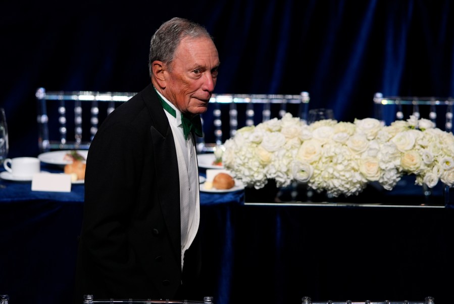 Michael Bloomberg arrives for the 79th annual Alfred E. Smith Memorial Foundation Dinner, Thursday, Oct. 17, 2024, in New York. (AP Photo/Julia Demaree Nikhinson)