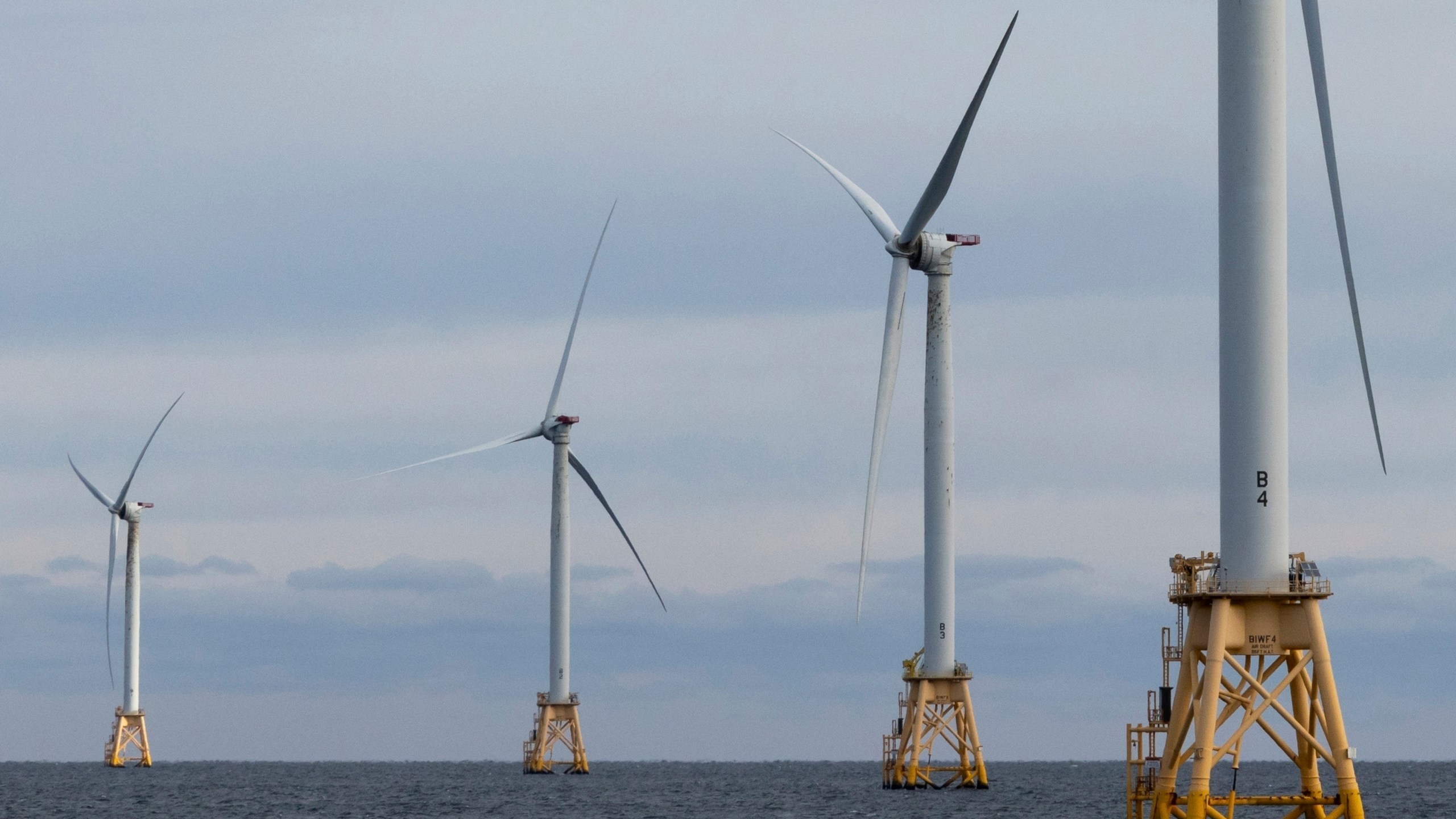 FILE - Turbines operate at the Block Island Wind Farm, Dec. 7, 2023, off the coast of Block Island, R.I. (AP Photo/Julia Nikhinson, File)