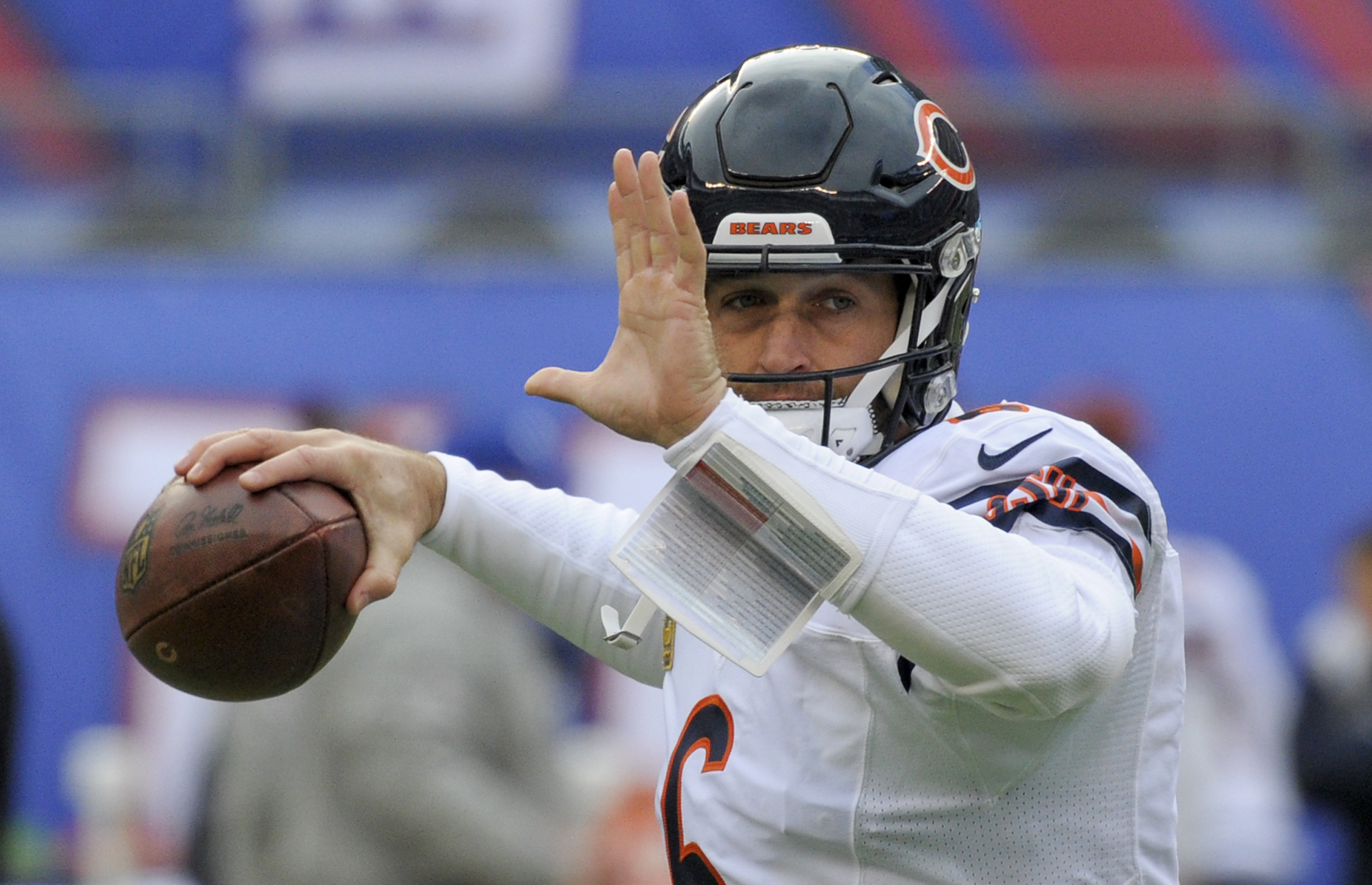 FILE - Chicago Bears quarterback Jay Cutler (6) warms up before playing against the New York Giants in an NFL football game in East Rutherford, N.J., Nov. 20, 2016. (AP Photo/Bill Kostroun, File)