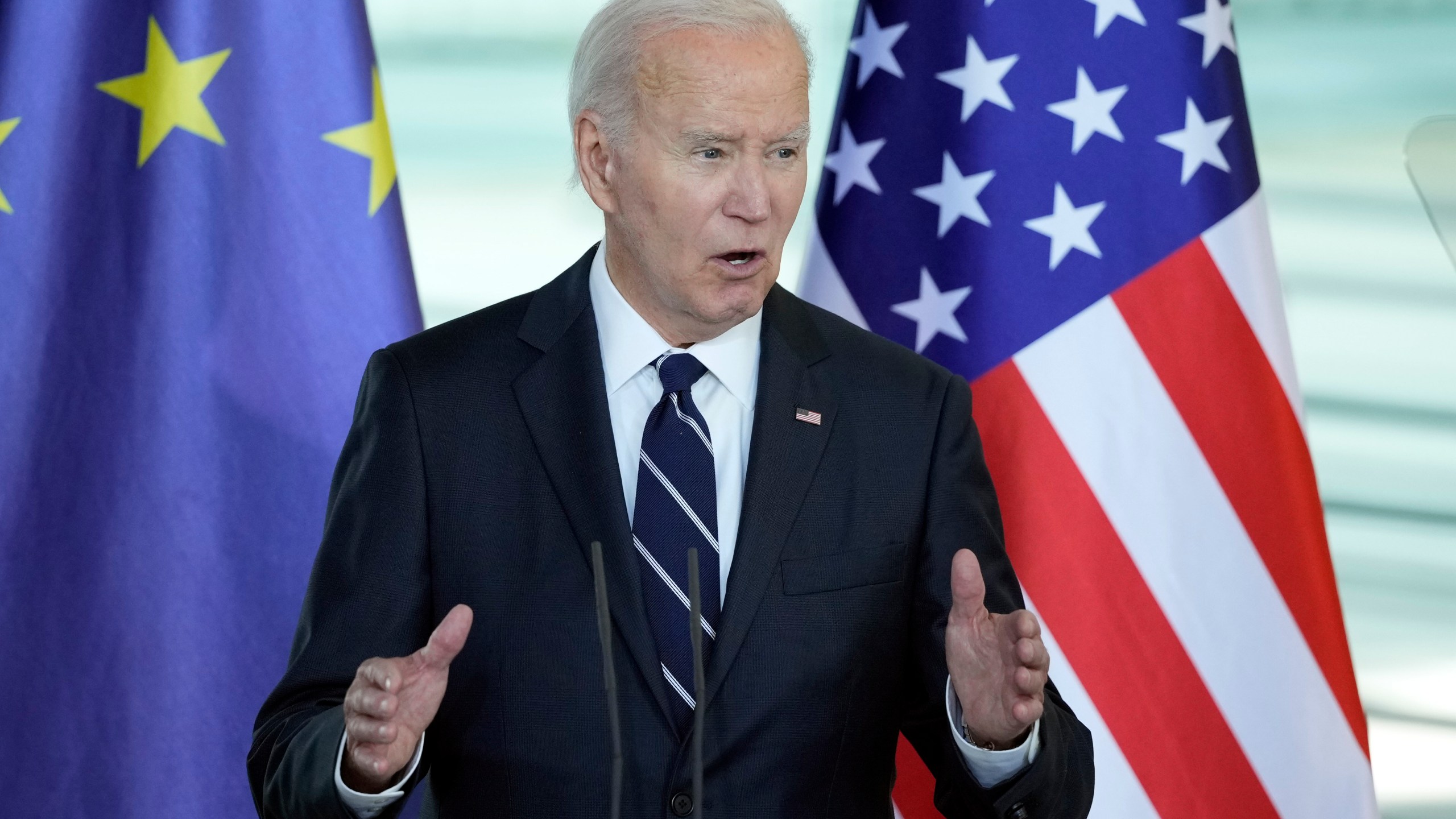 President Joe Biden talks to the media during a joint statement to the press with German Chancellor Olaf Scholz at the Chancellery in Berlin, Germany, Friday, Oct. 18, 2024. (AP Photo/Ebrahim Noroozi)