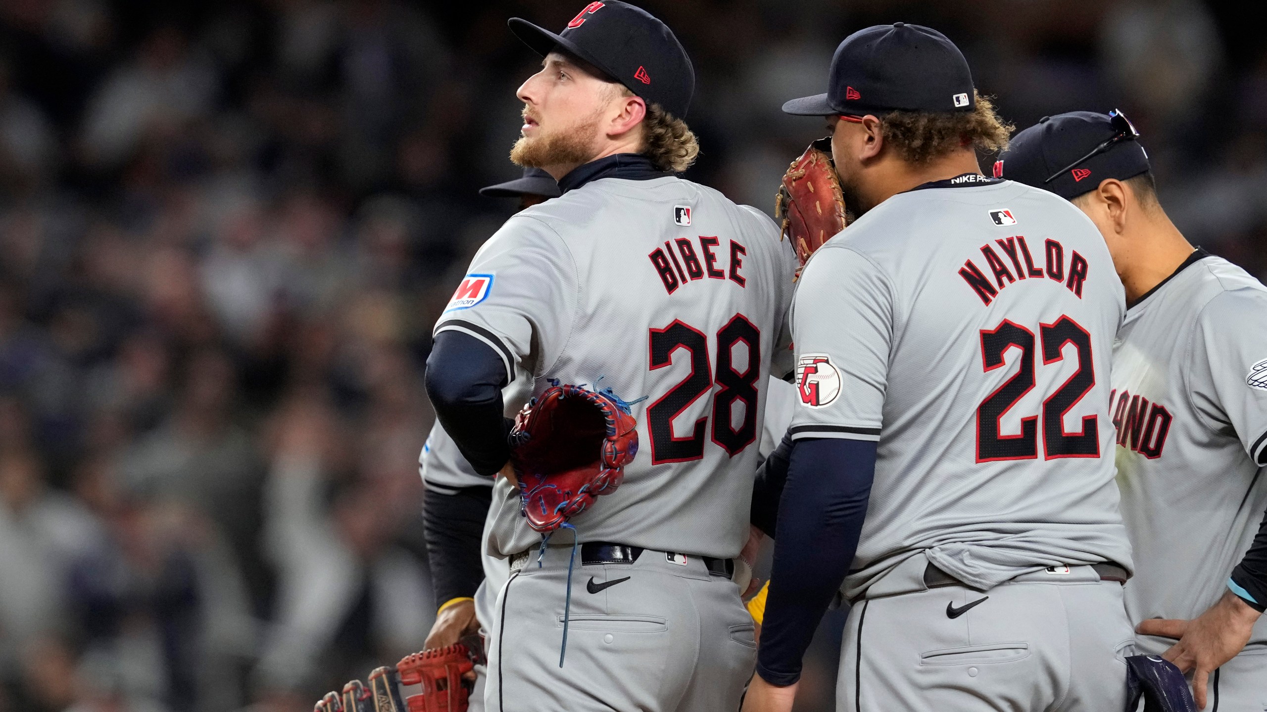 Cleveland Guardians starting pitcher Tanner Bibee (28) waits to be pulled from the game during the second inning in Game 2 of the baseball AL Championship Series against the New York Yankees Tuesday, Oct. 15, 2024, in New York. (AP Photo/Godofredo Vásquez)