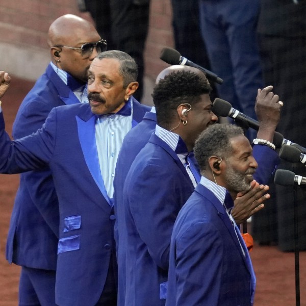 The Temptations perform before Game 5 of a baseball NL Championship Series between the Los Angeles Dodgers and the New York Mets, Friday, Oct. 18, 2024, in New York. (AP Photo/Ashley Landis)