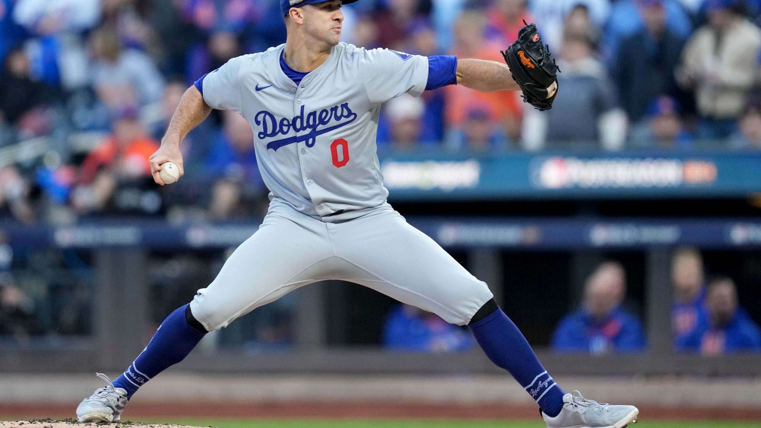 Los Angeles Dodgers pitcher Jack Flaherty throws against the New York Mets during the first inning in Game 5 of a baseball NL Championship Series, Friday, Oct. 18, 2024, in New York. (AP Photo/Ashley Landis)