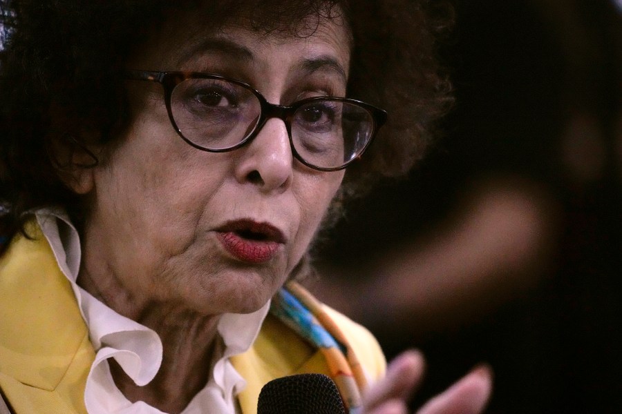 FILE - United Nations Special Rapporteur on Freedom of Opinion and Expression Irene Khan gestures during a press conference in Mandaluyong, Philippines, on Feb. 2, 2024. (AP Photo/Aaron Favila, File)