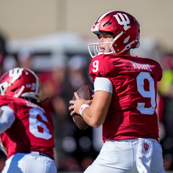 Indiana quarterback Kurtis Rourke (9) looks to pass against Nebraska during the first half of an NCAA college football game in Bloomington, Ind., Saturday, Oct. 19, 2024. (AP Photo/AJ Mast)