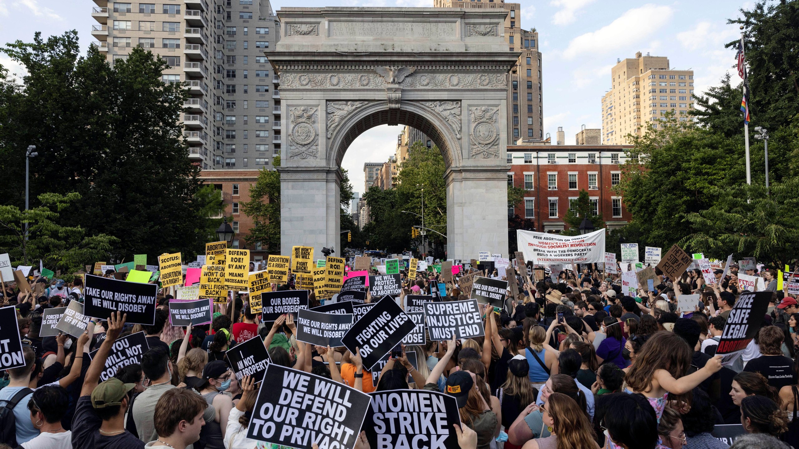 FILE - Abortion rights activists gather for a protest following the U.S. Supreme Court's decision to overturn Roe v. Wade, at Washington Square Park, June 24, 2022, in New York. (AP Photo/Yuki Iwamura, File)