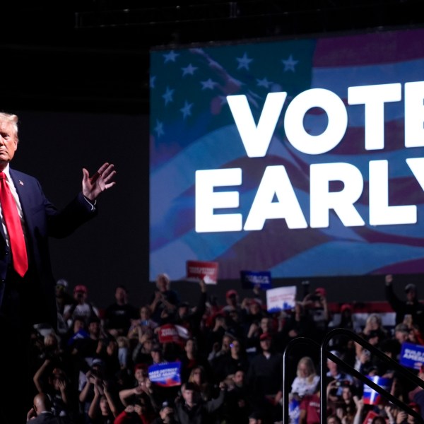 Republican presidential nominee former President Donald Trump gestures after speaking at a campaign rally, Friday, Oct. 18, 2024, in Detroit. (AP Photo/Evan Vucci)