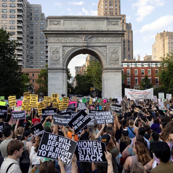 FILE - Abortion rights activists gather for a protest following the U.S. Supreme Court's decision to overturn Roe v. Wade, at Washington Square Park, June 24, 2022, in New York. (AP Photo/Yuki Iwamura, File)