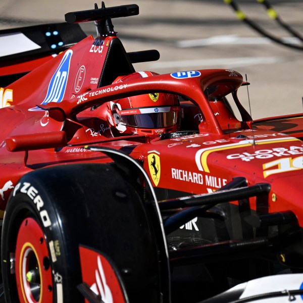 Ferrari driver Charles Leclerc, of Monaco, exits pit row during the F1 U.S. Grand Prix auto race at the Circuit of the Americas, Sunday, Oct. 20, 2024, in Austin, Texas. (Patrick Fallon/Pool Photo via AP)