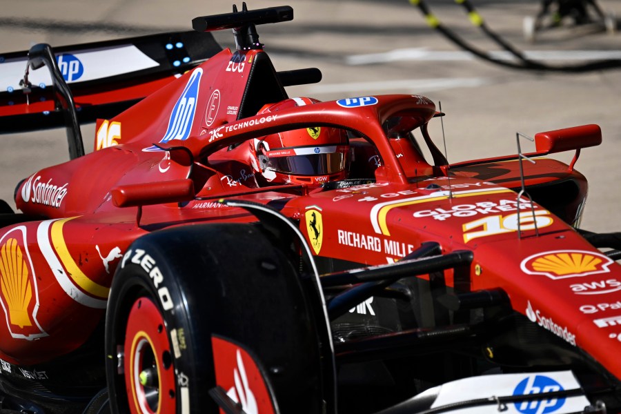 Ferrari driver Charles Leclerc, of Monaco, exits pit row during the F1 U.S. Grand Prix auto race at the Circuit of the Americas, Sunday, Oct. 20, 2024, in Austin, Texas. (Patrick Fallon/Pool Photo via AP)