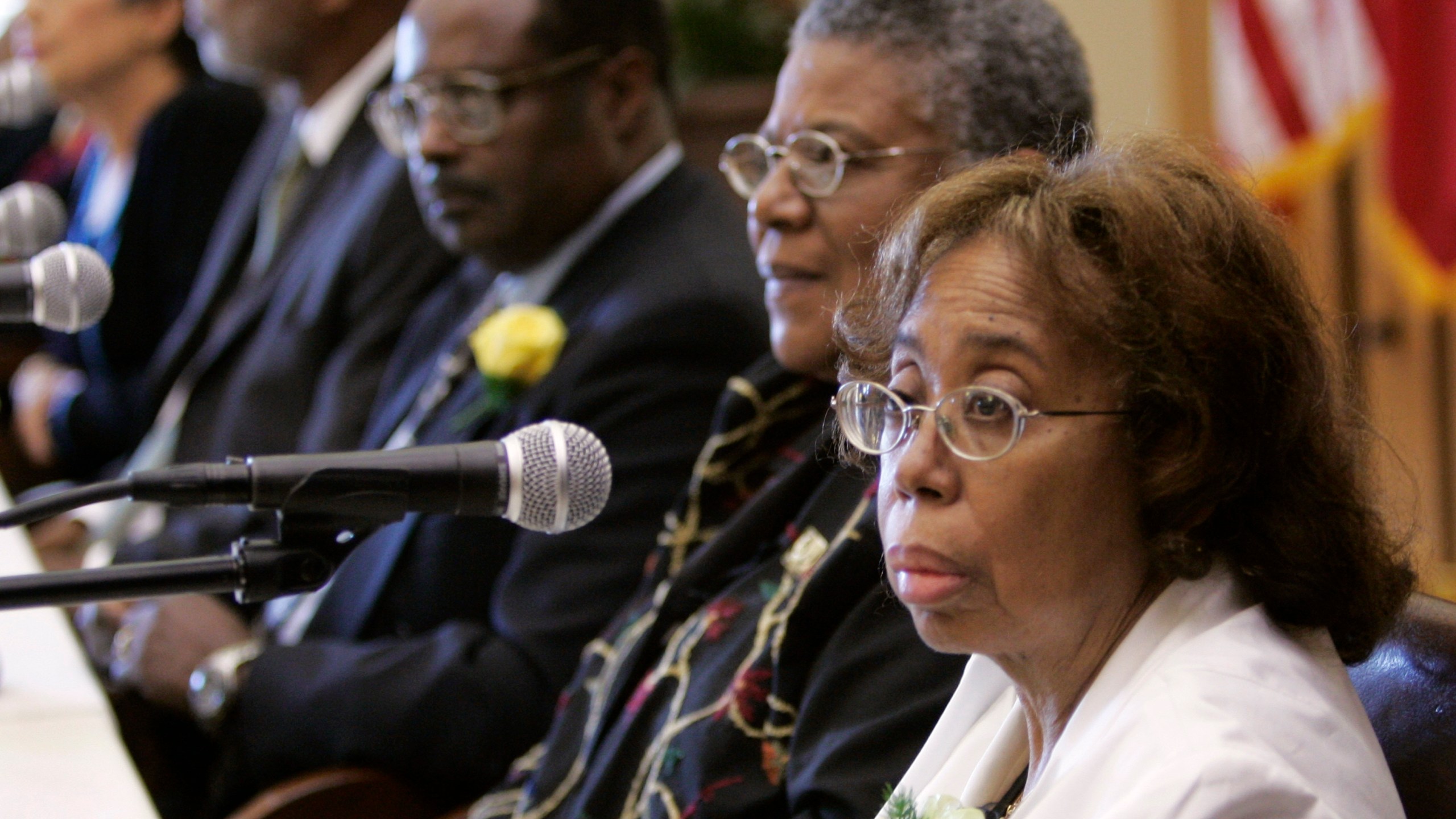 FILE - Thelma Mothershed Wair, right, speaks at a news conference in Little Rock, Ark., Sept. 23, 2007, as Carlotta Walls LaNier, from left, Terrence Roberts, Jefferson Thomas, and Minnijean Brown Trickey, members of the Little Rock Nine who in 1957 integrated Little Rock Central High School, look on. (AP Photo/Danny Johnston, File)