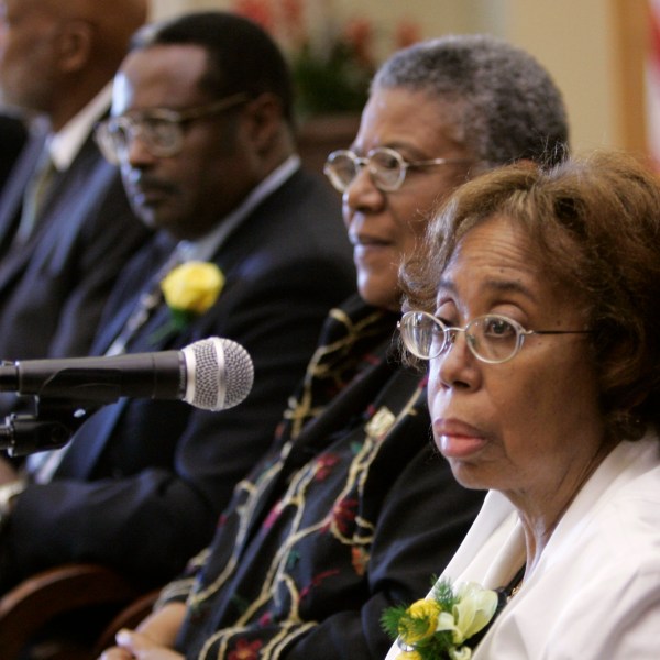 FILE - Thelma Mothershed Wair, right, speaks at a news conference in Little Rock, Ark., Sept. 23, 2007, as Carlotta Walls LaNier, from left, Terrence Roberts, Jefferson Thomas, and Minnijean Brown Trickey, members of the Little Rock Nine who in 1957 integrated Little Rock Central High School, look on. (AP Photo/Danny Johnston, File)