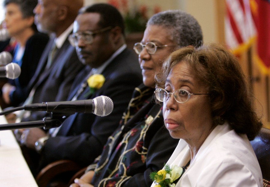 FILE - Thelma Mothershed Wair, right, speaks at a news conference in Little Rock, Ark., Sept. 23, 2007, as Carlotta Walls LaNier, from left, Terrence Roberts, Jefferson Thomas, and Minnijean Brown Trickey, members of the Little Rock Nine who in 1957 integrated Little Rock Central High School, look on. (AP Photo/Danny Johnston, File)