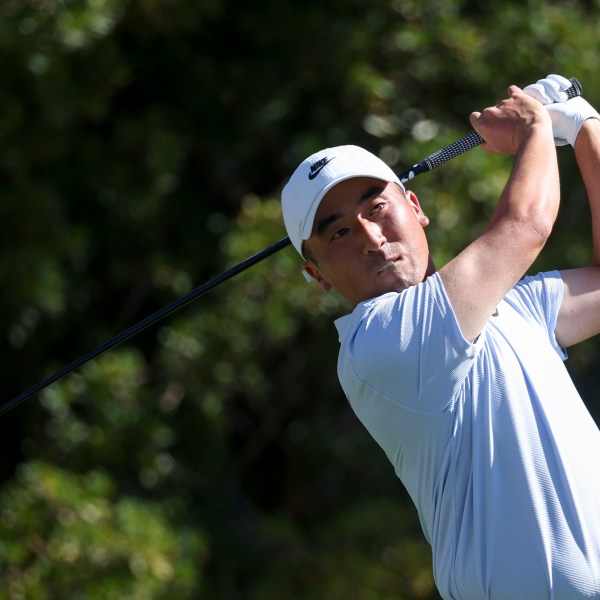 Doug Ghim hits off the tee on the third hole during the final round of the Shriners Children's Open golf tournament, Sunday, Oct. 20, 2024, in Las Vegas. (AP Photo/Ian Maule)