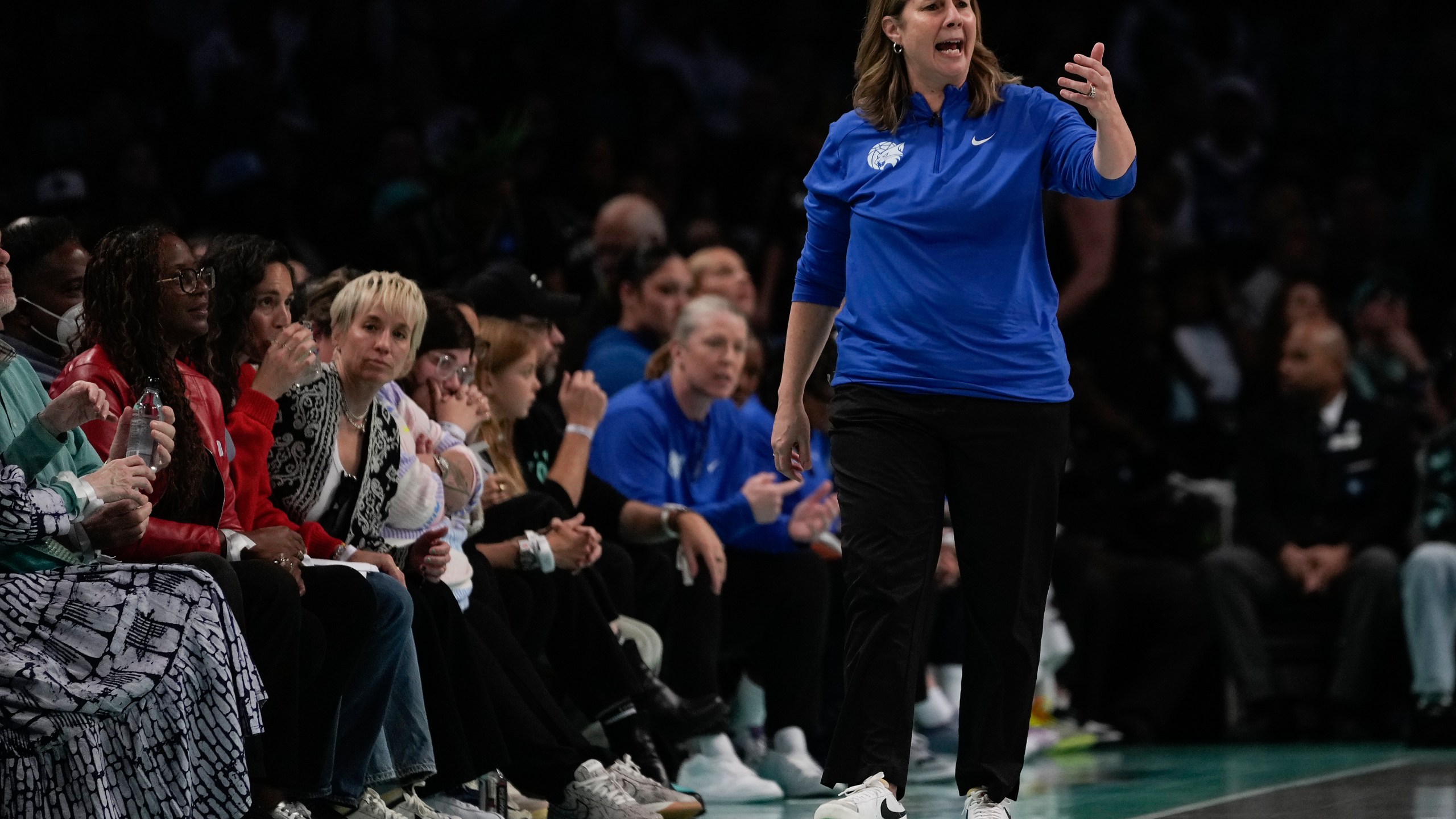 Minnesota Lynx head coach Cheryl Reeve reacts during the third quarter of Game 5 of the WNBA basketball final series against the New York Liberty, Sunday, Oct. 20, 2024, in New York. (AP Photo/Pamela Smith)