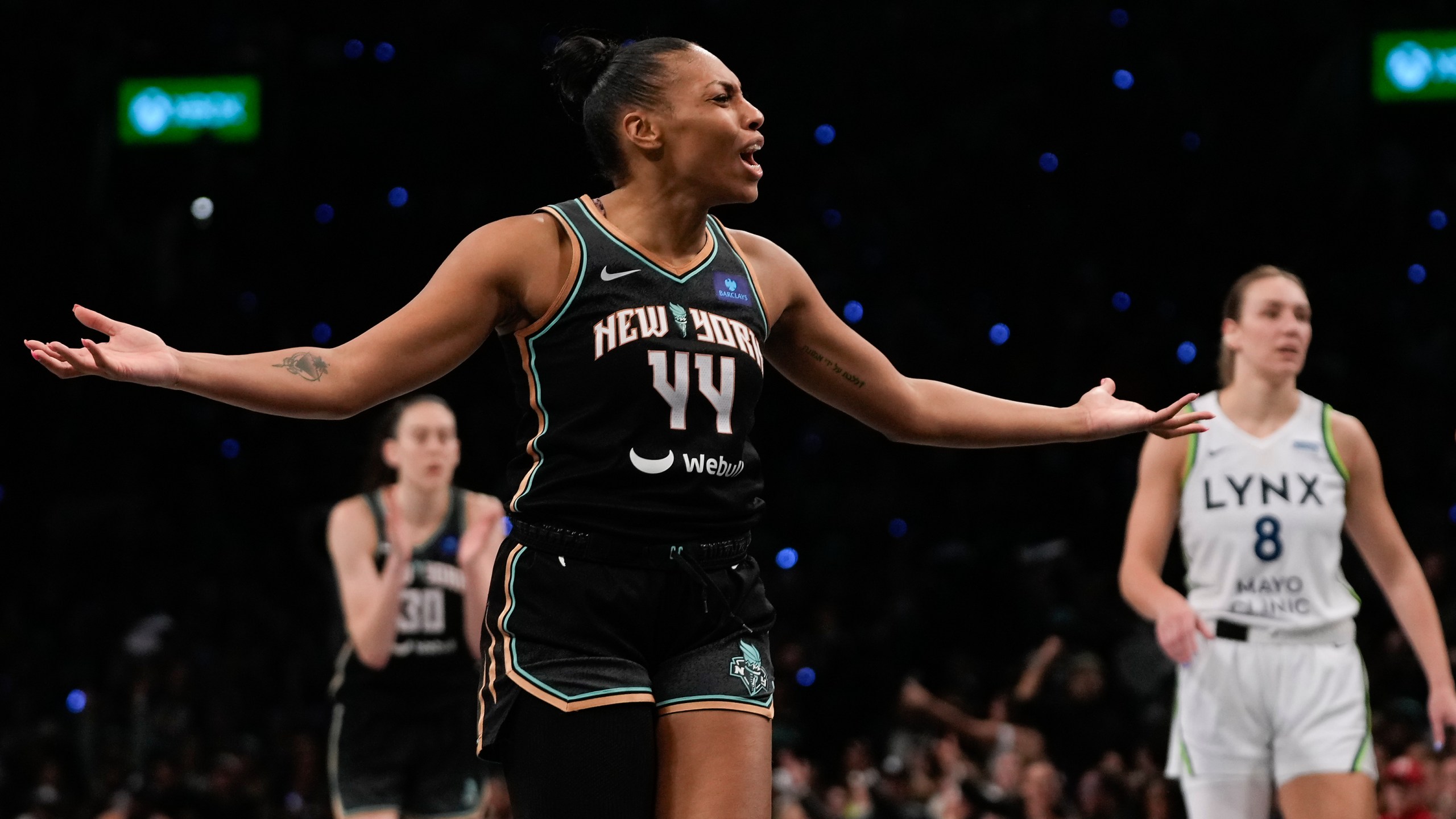 New York Liberty forward Betnijah Laney-Hamilton (44) reacts during the second quarter of Game 5 of the WNBA basketball final series against the Minnesota Lynx, Sunday, Oct. 20, 2024, in New York. (AP Photo/Pamela Smith)