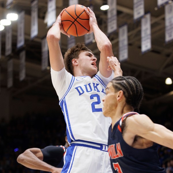 Duke's Cooper Flagg (2) drives during the first half of an exhibition NCAA college basketball game against Lincoln in Durham, N.C., Saturday, Oct. 19, 2024. (AP Photo/Ben McKeown)