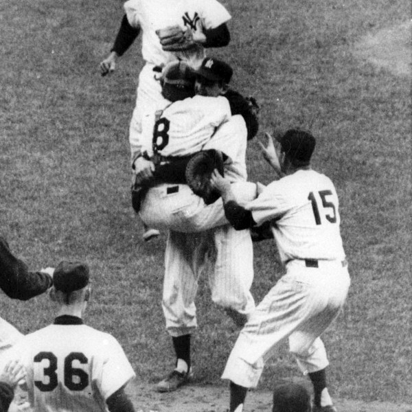 FILE - New York Yankees catcher Yogi Berra (8) jumps into the arms of pitcher Don Larsen after Larsen pitched the first perfect game in World Series history, defeating the Dodgers 2-0 at New York's Yankee Stadium, Oct. 8, 1956. (AP Photo, File)