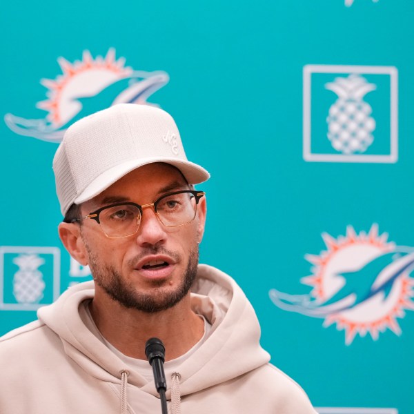 Miami Dolphins head coach Mike McDaniel speaks during a news conference, Monday, Oct. 21, 2024, at the Dolphins training facility in Miami Gardens, Fla. (AP Photo/Wilfredo Lee)