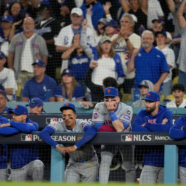 New York Mets react to their loss against the Los Angeles Dodgers in Game 6 of a baseball NL Championship Series, Sunday, Oct. 20, 2024, in Los Angeles. The Dodgers will face the New York Yankees in the World Series. (AP Photo/Ashley Landis)