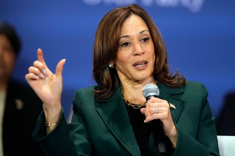 Democratic presidential nominee Vice President Kamala Harris and former Rep. Liz Cheney, R-Wyo., attend a campaign event Monday, Oct. 21, 2024, in Brookfield, Wis. (AP Photo/Morry Gash)