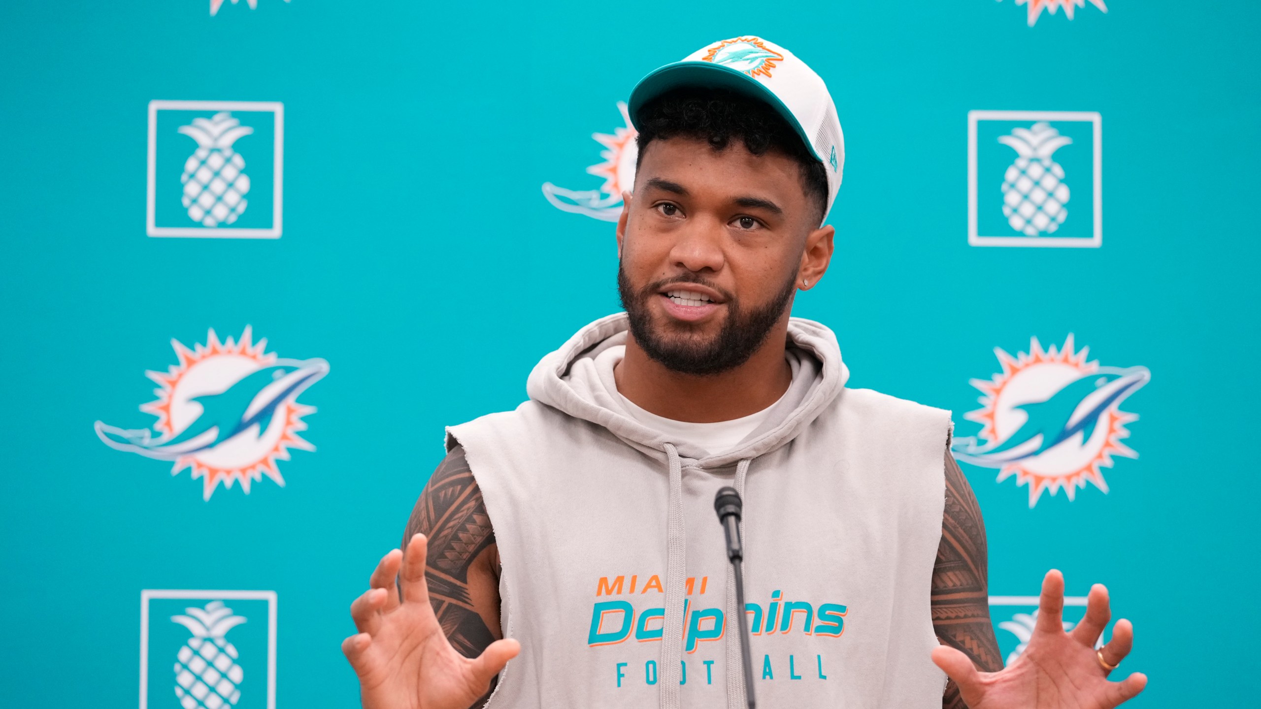 Miami Dolphins quarterback Tua Tagovailoa speaks during an NFL football news conference, Monday, Oct. 21, 2024, at the Dolphins training facility in Miami Gardens, Fla. (AP Photo/Wilfredo Lee)